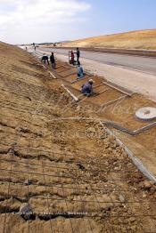 Image du Maroc Professionnelle de  Les ouvriers préparent le sol pour l’installation de risbermes sur une partie du tronçon de l'autoroute Sidi El Yamani Asilah. Lundi 1er Juillet 2002. (Photo / Abdeljalil Bounhar)